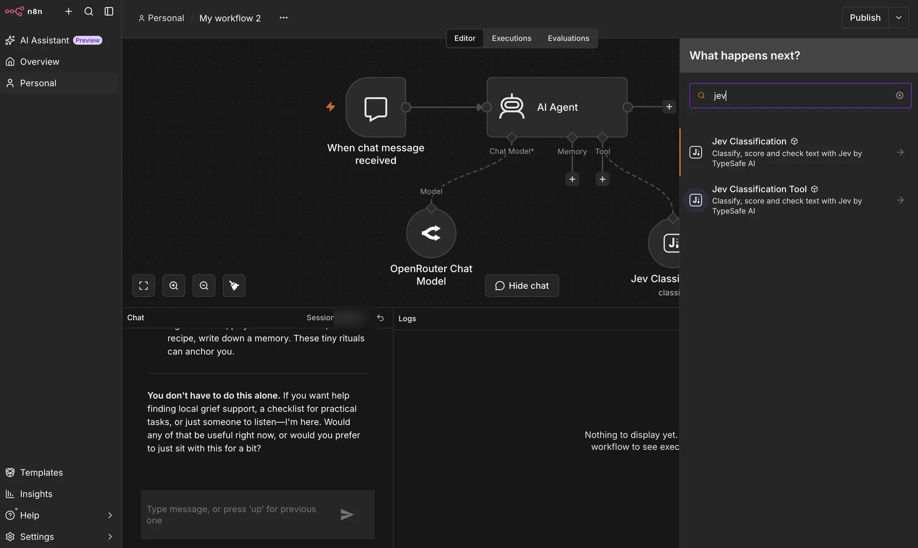Workflow n8n AI Agent yang terhubung ke OpenRouter Chat Model dan Jev Classification Tool