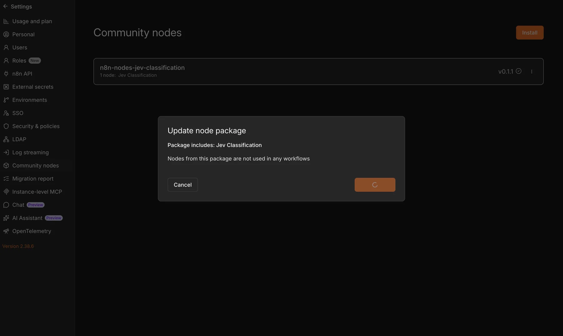 Pengaturan Community Nodes n8n yang menampilkan n8n-nodes-jev-classification versi 0.1.1 telah terpasang