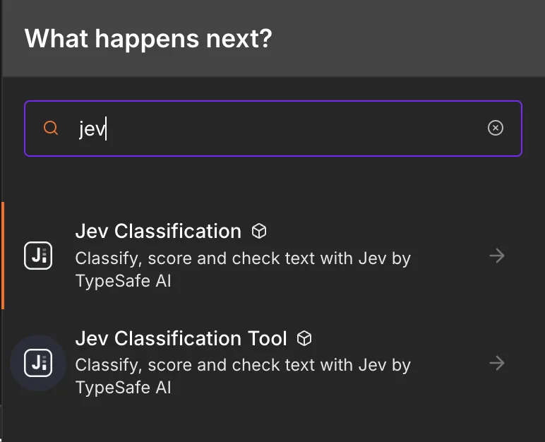 Hasil pencarian node n8n yang menampilkan Jev Classification dan Jev Classification Tool