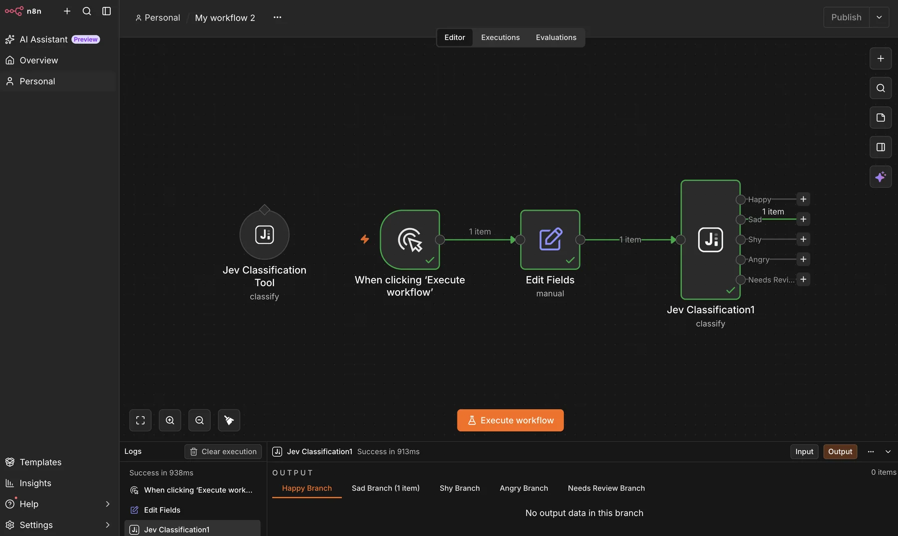 Workflow n8n dengan Jev Classification yang mengarahkan satu pesan ke output Happy, Sad, Shy, Angry, atau Needs Review