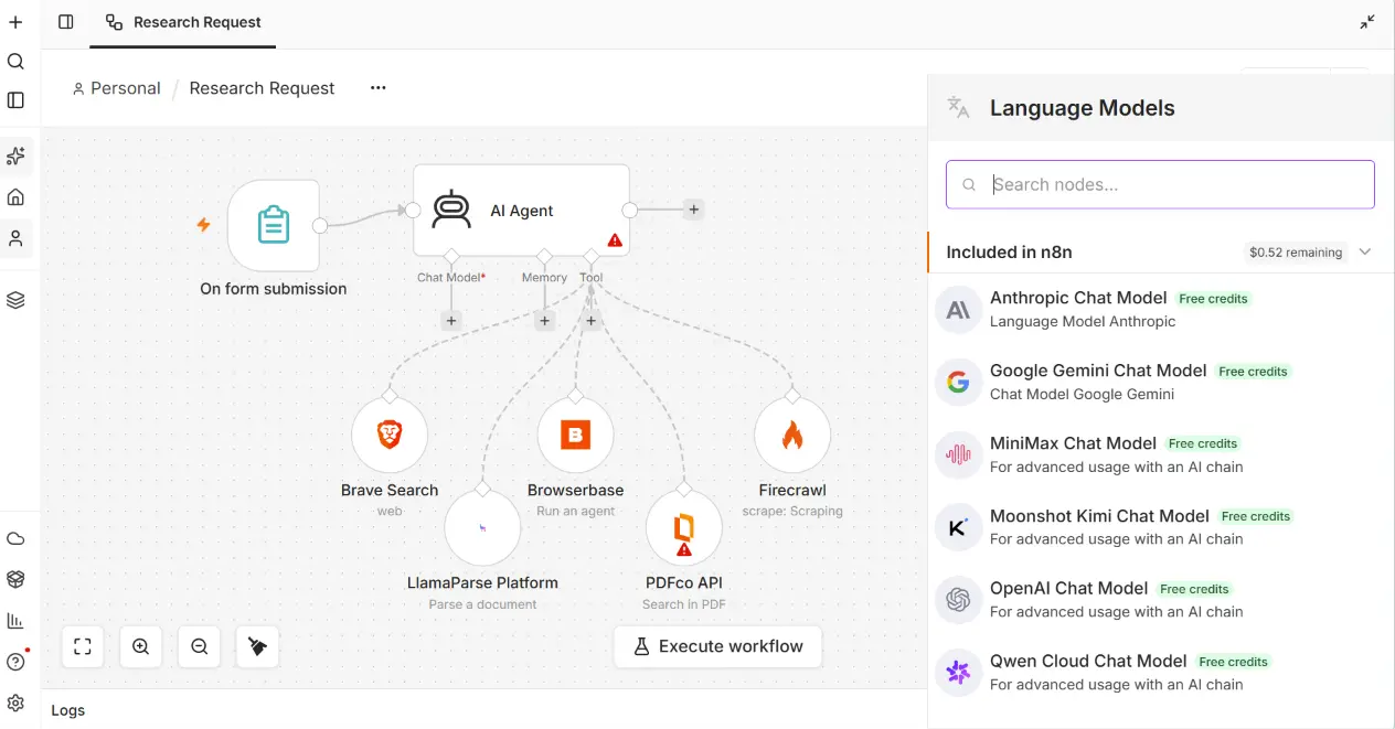 n8n Language Models picker showing models included with Gateway Credits and the remaining credit balance