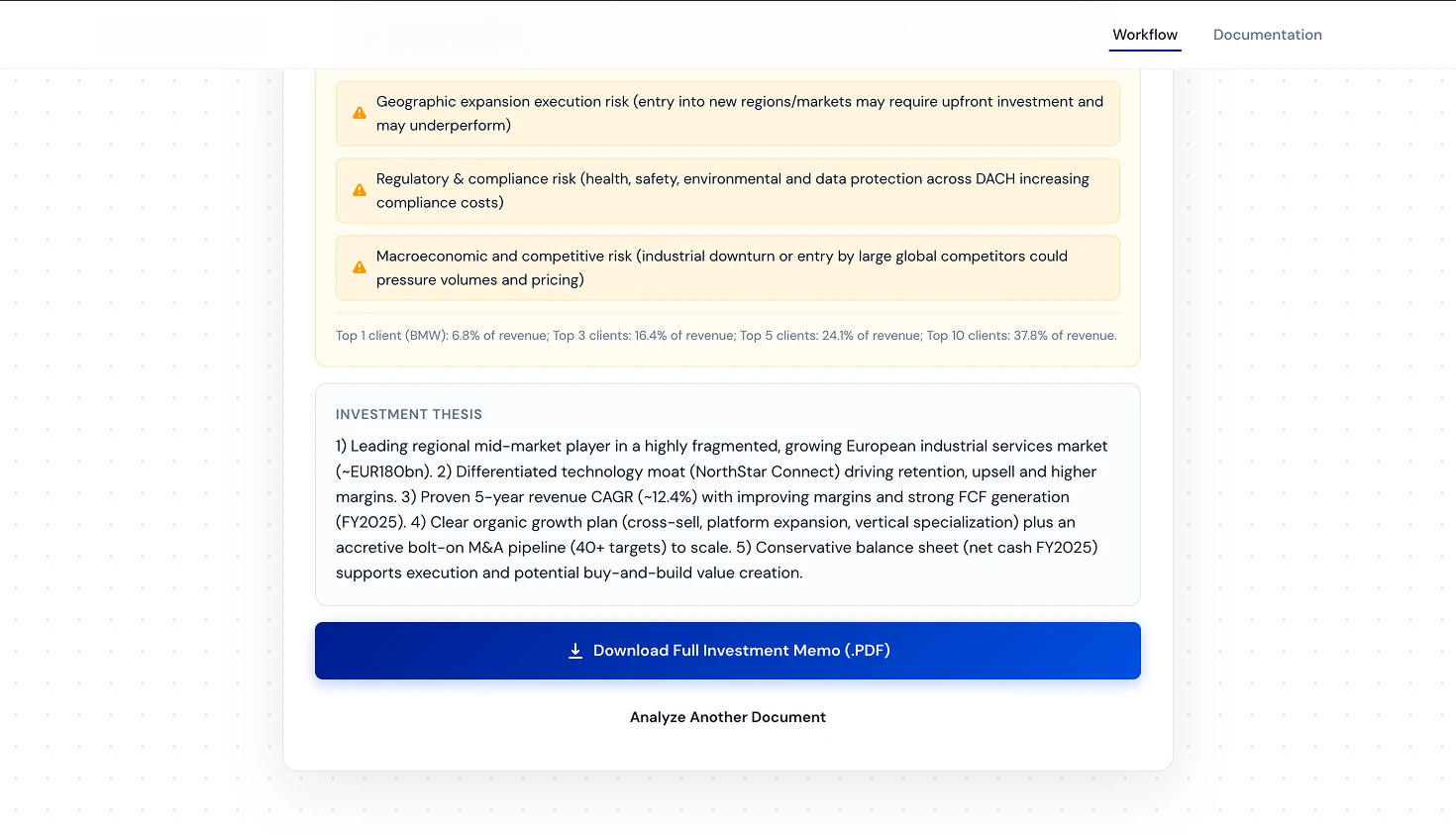 Due Diligence report showing investment thesis and download option